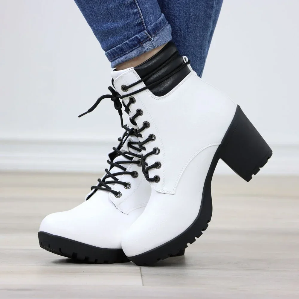White Lace-Up Ankle Boots with Black Rugged Sole and Padded Collar - Picture 9 of 12